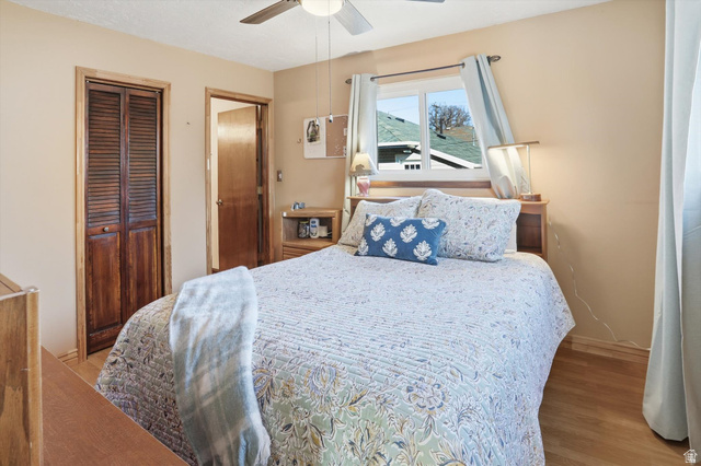 380 North 200 West Logan, UT 84321 - Photo 14 of 29 Primary bedroom with a closet, wood finished floors, and ceiling fan