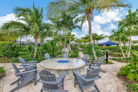 a view of a garden with a palm tree
