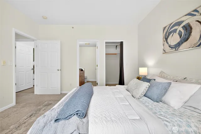 a bedroom with a bed and walk in closet