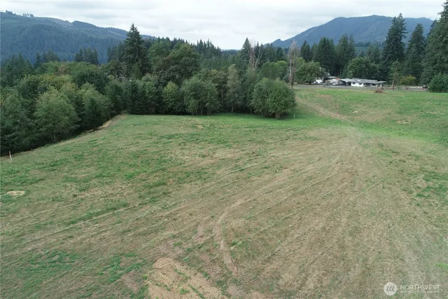 a view of a grassy field with trees in the background