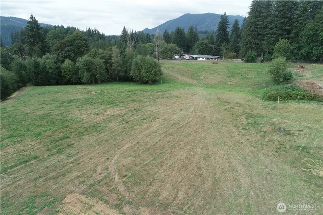 a view of a field with trees in the background