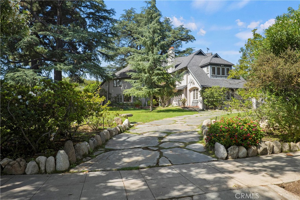 a view of a street with potted plants and large trees