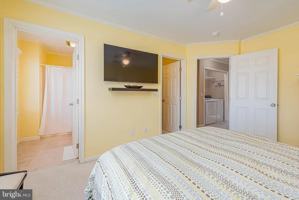 a bedroom with a bed chandelier and a lamp