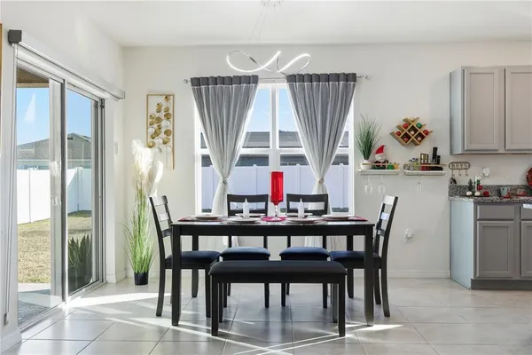 a view of a dining room with furniture window and outside view