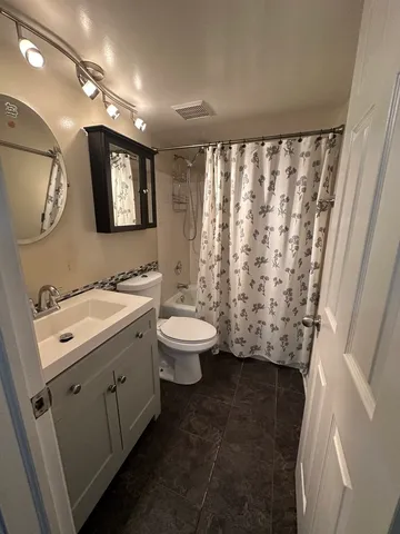 a bathroom with a double vanity sink toilet and a mirror