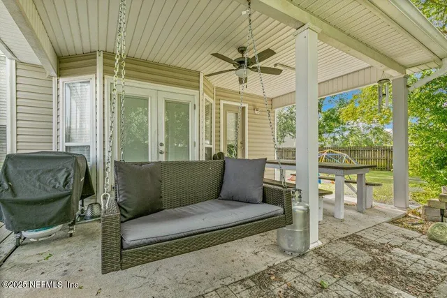 a building outdoor space with patio furniture