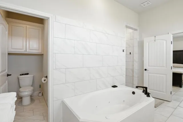 a bathroom with a bathtub and a toilet