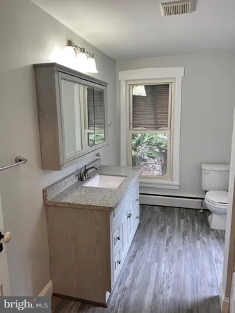 a bathroom with a granite countertop sink toilet and mirror