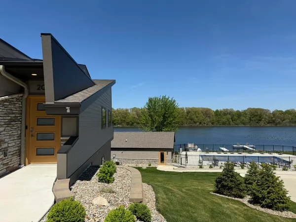 a view of a lake with a terrace