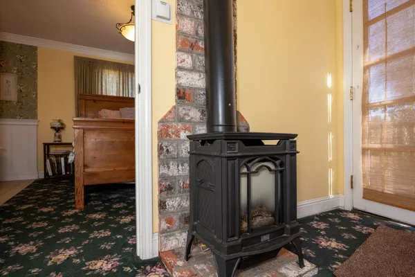 a view of a fire pit with large trees