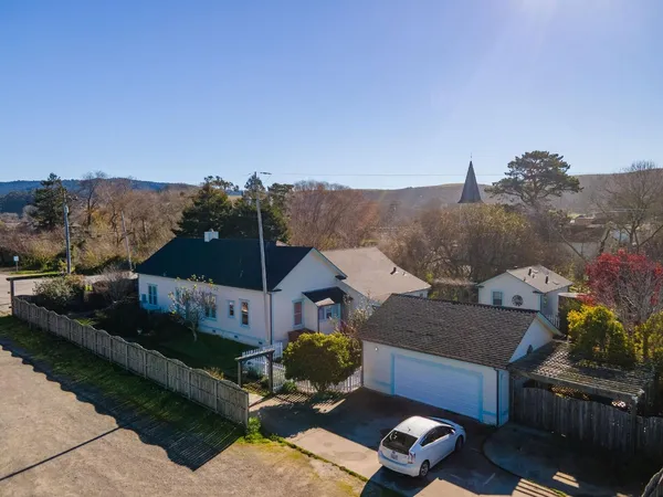 an aerial view of a house with a yard and large tree
