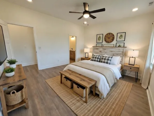 an empty room with wooden floor ceiling fan and windows