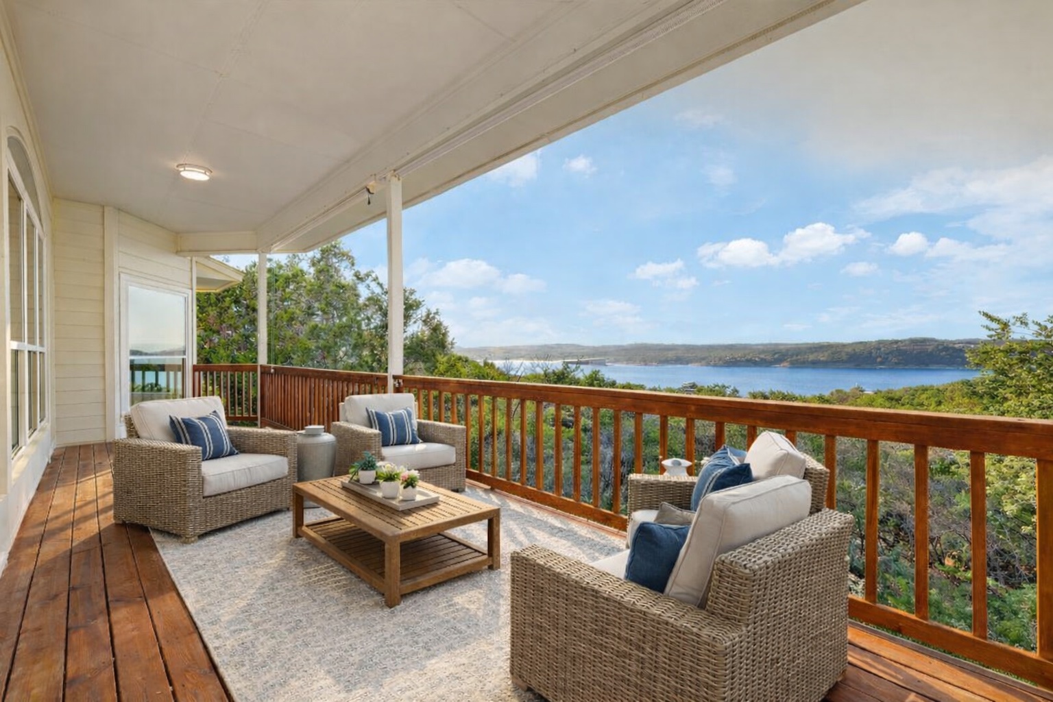 Virtually staged furniture on back deck.