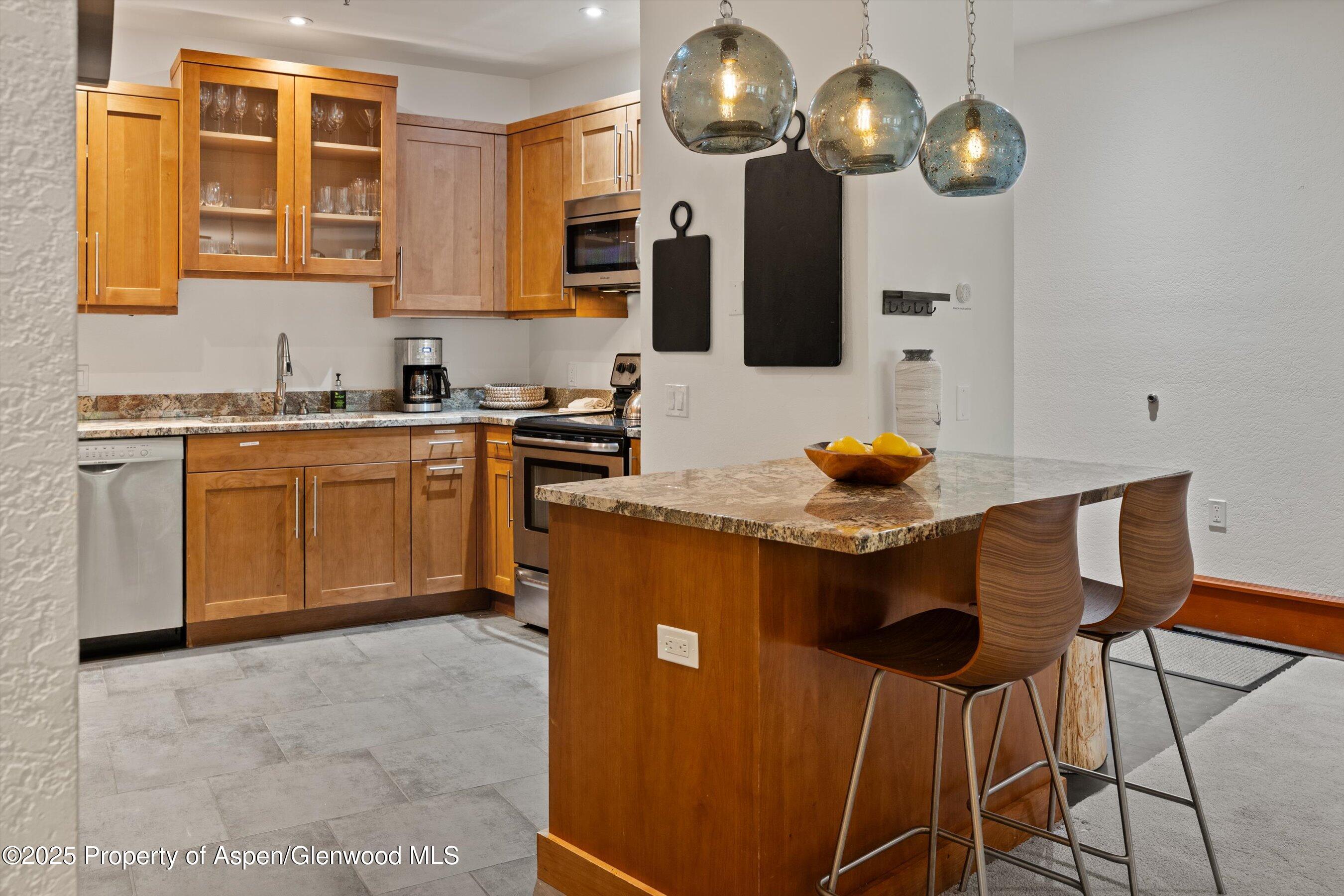 425 Wood Road, Unit 19 Snowmass Village, CO 81615 - Photo 7 of 26 a kitchen with stainless steel appliances granite countertop a stove and cabinets
