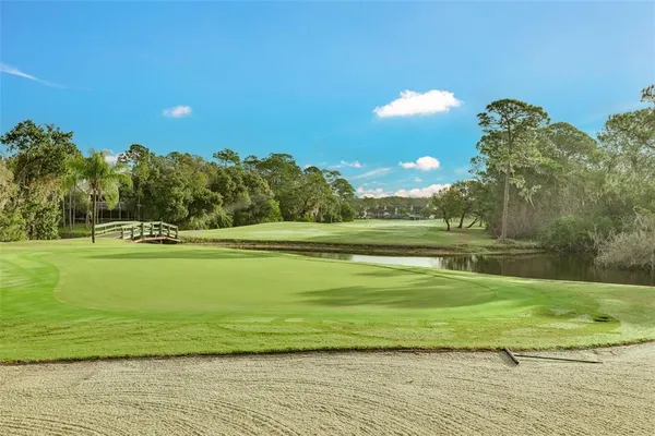 a view of a golf course with a lake