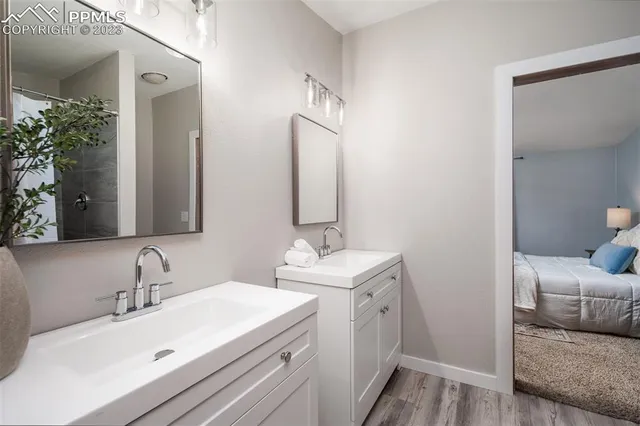 a bathroom with a sink and a mirror