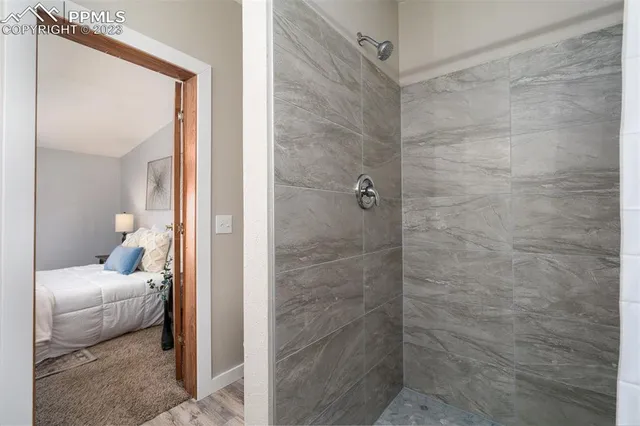 a bedroom with a bed and a shower