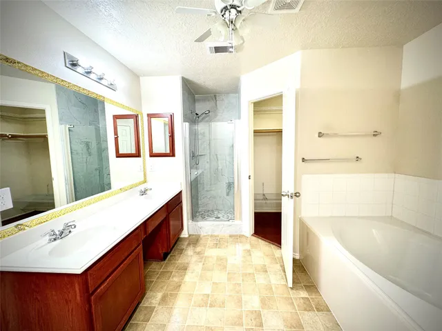 a bathroom with a tub sink and mirror
