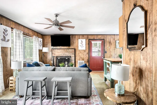 a living room with fireplace furniture and a flat screen tv