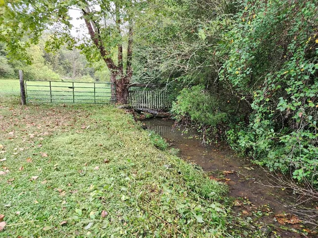a view of a green field with mountains in the background