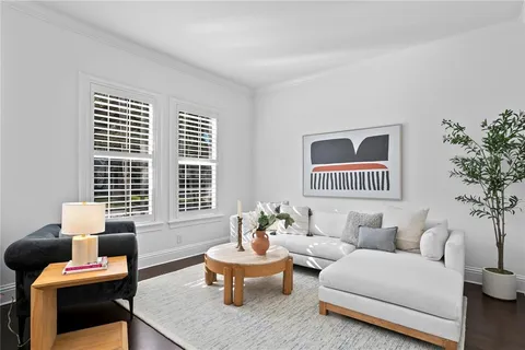 a living room with furniture and a potted plant