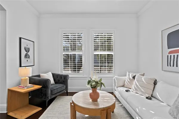 a living room with furniture and a potted plant