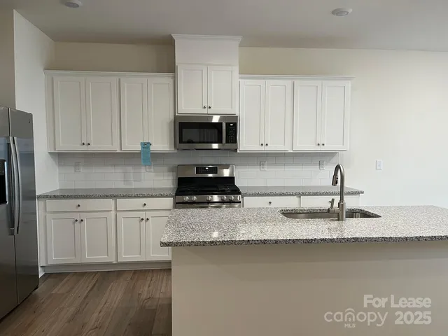 a kitchen with stainless steel appliances granite countertop a sink a stove and cabinets