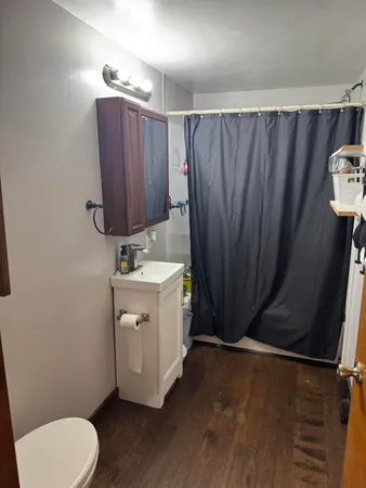 a bathroom with a sink a toilet and shower