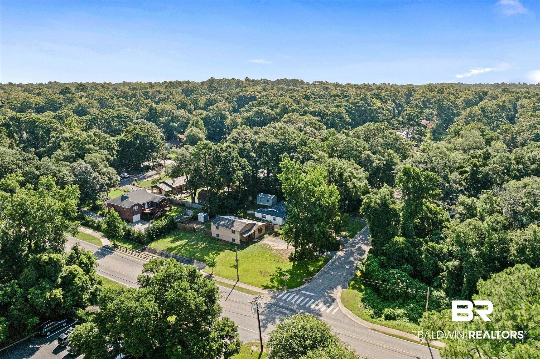 401 Frederick Avenue Fairhope, AL 36532 - Photo 25 of 36 Aerial perspective showcasing a residential street bordered by extensive mature tree coverage