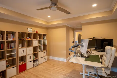 a room with furniture a rug and a book shelf