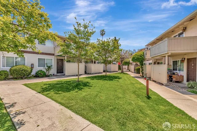 a view of a house with backyard and a tree