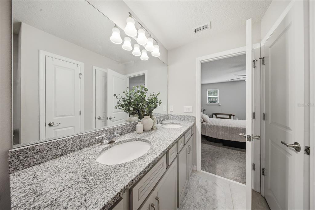 2117 Gopher Tortoise Terrace Oakland, FL 34787 - Photo 20 of 36 a bathroom with a granite countertop sink and a mirror