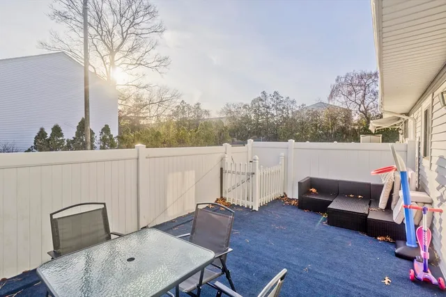 a view of a terrace with furniture and a rug