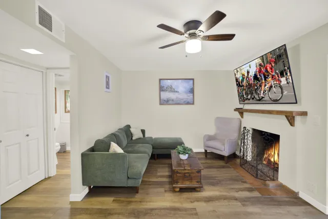 a living room with furniture and a fireplace