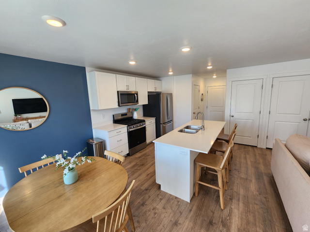 1736 East Fall Street Eagle Mountain, UT 84005 - Photo 7 of 30 Kitchen with stainless steel appliances, white cabinets, an island with sink, dark wood-style flooring, and a kitchen breakfast bar