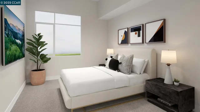 a bedroom with a bed and a potted plant