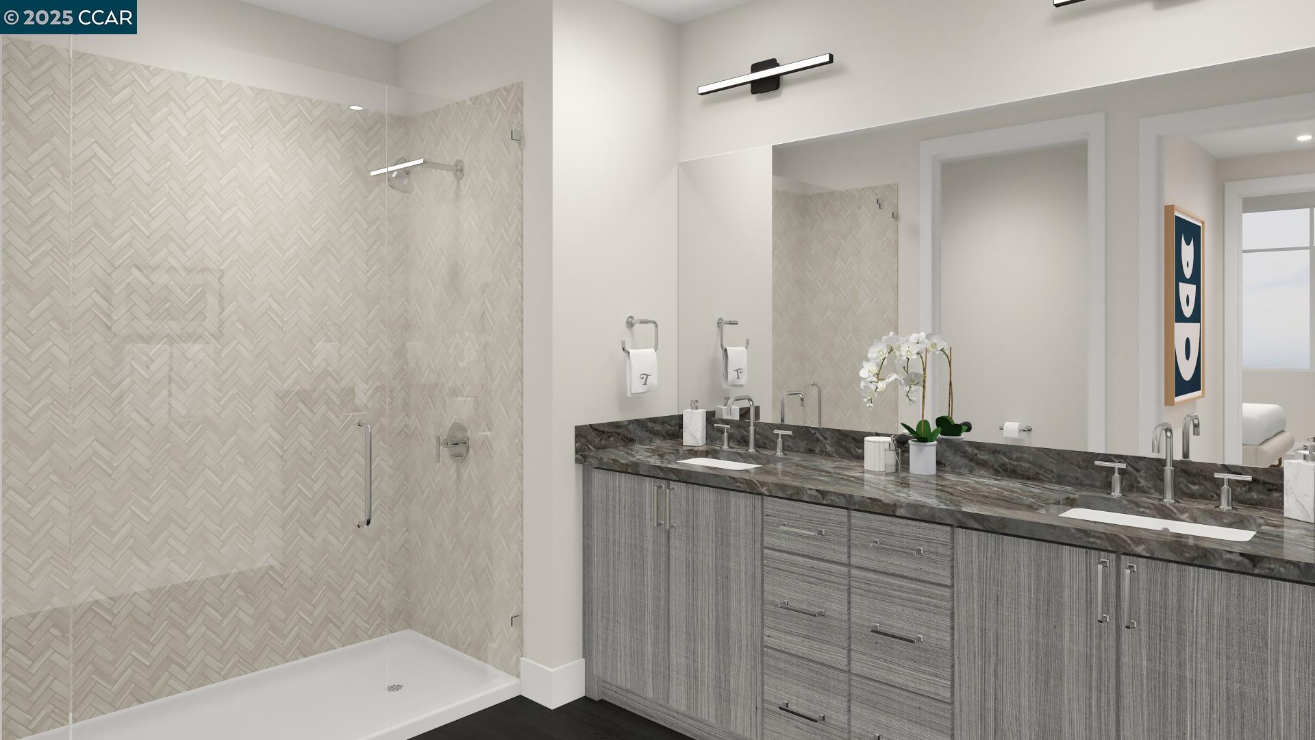 308 Torrey Pine Terrace, Unit 607 Sunnyvale, CA 94086 - Photo 7 of 15 a bathroom with double sink and a mirror