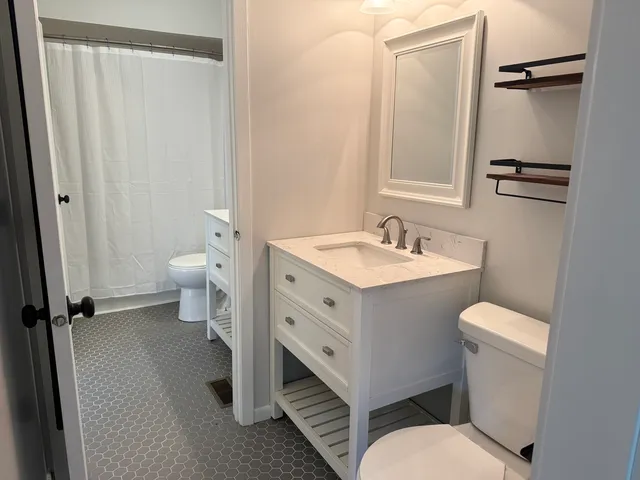 a bathroom with a sink a toilet and shower