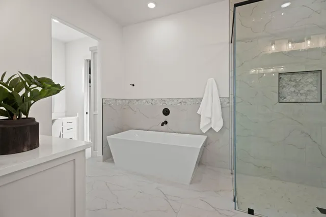 a bathroom with a bathtub and a potted plant