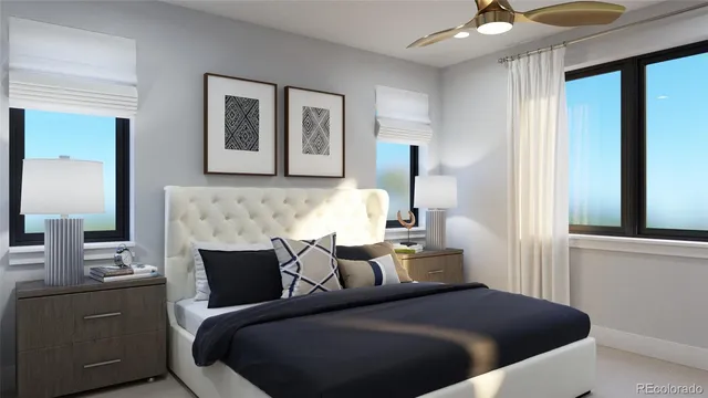 a bed room with a bed and a night stand