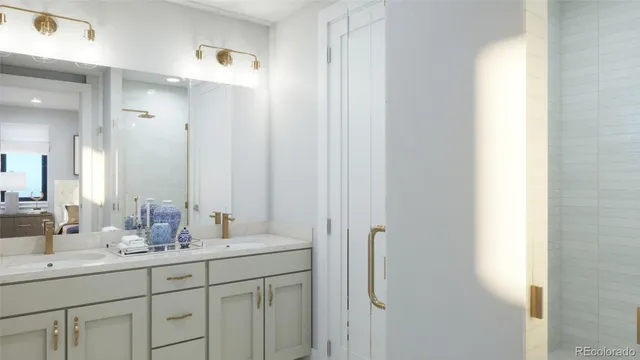 a bathroom with a double vanity sink and mirror
