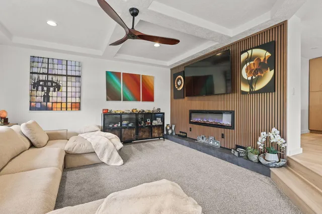 a view of a park with large trees