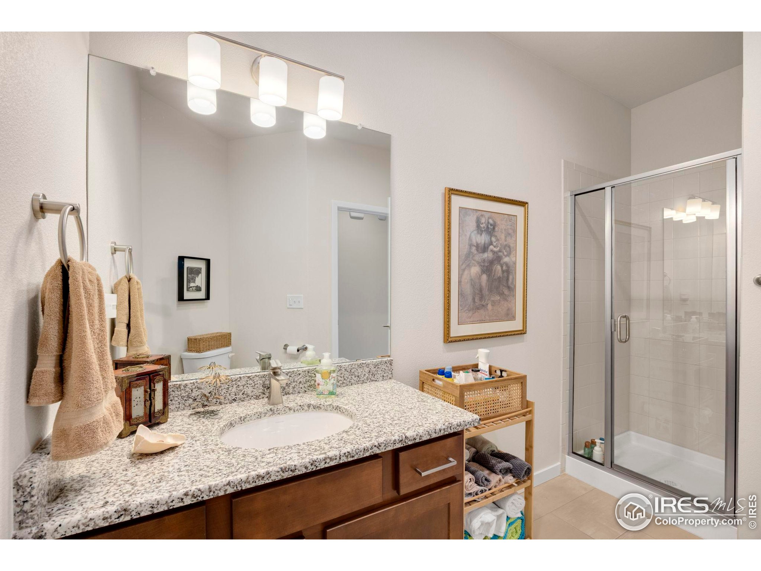 744 Wagon Trail Road, Unit 1 Fort Collins, CO 80524 - Photo 16 of 28 a bathroom with a granite countertop sink a mirror and a shower