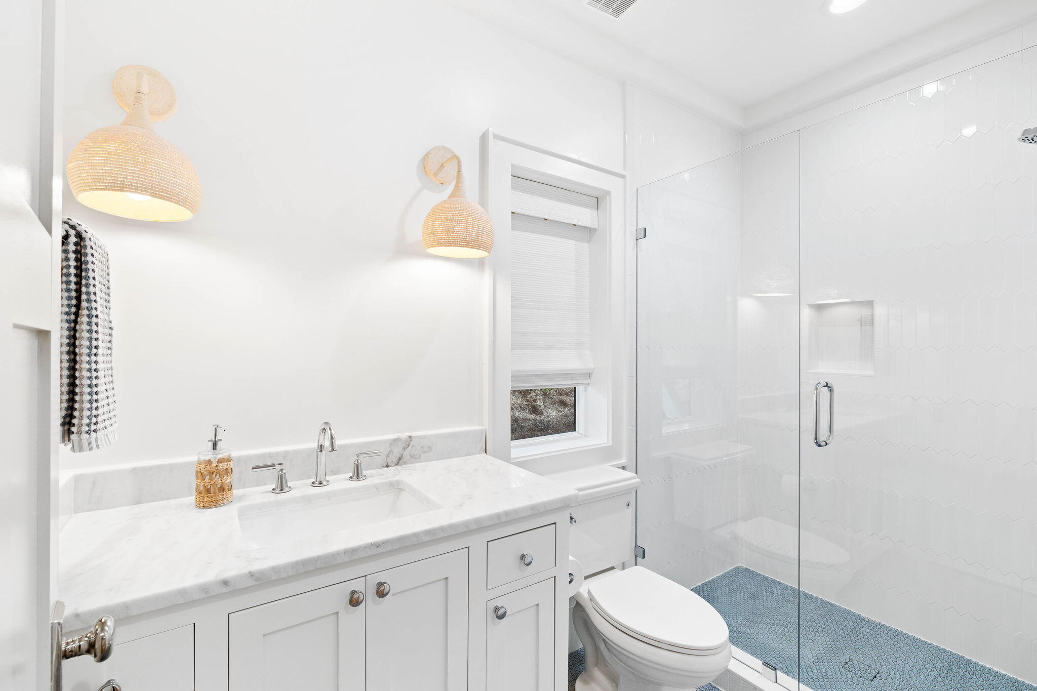 357 Old Beach Road Santa Rosa Beach, FL 32459 - Photo 67 of 106 a bathroom with a granite countertop sink a toilet and a mirror