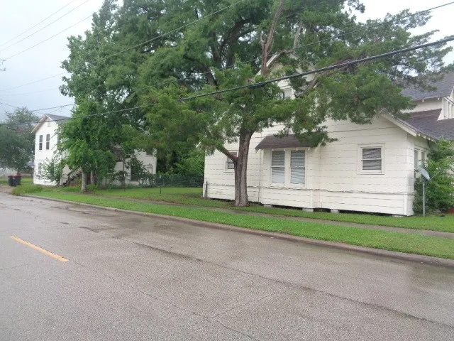 a backyard of a house with plants and large trees