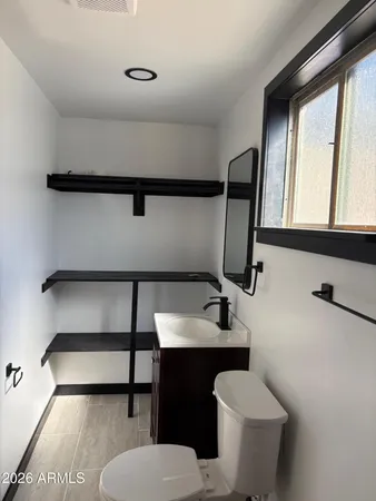 a bathroom with a sink toilet and mirror
