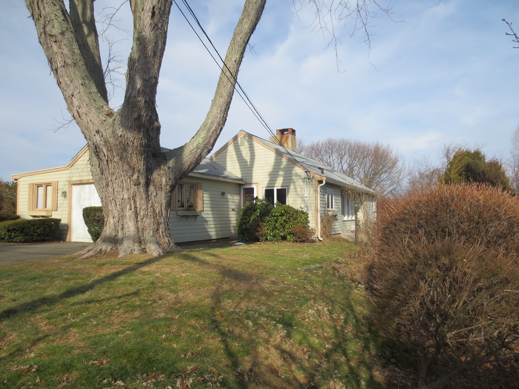 a view of a house with a tree in front of it