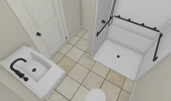 a bathroom with a bathtub and shower