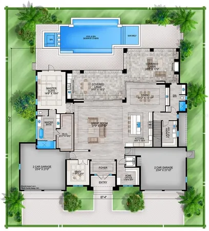 an aerial view of residential houses with outdoor space and parking