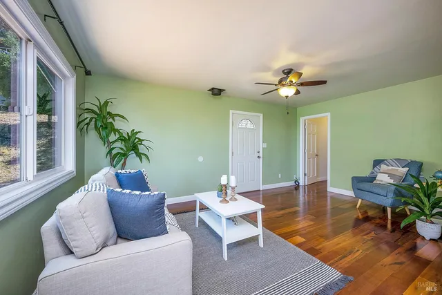 a living room with furniture and a potted plant